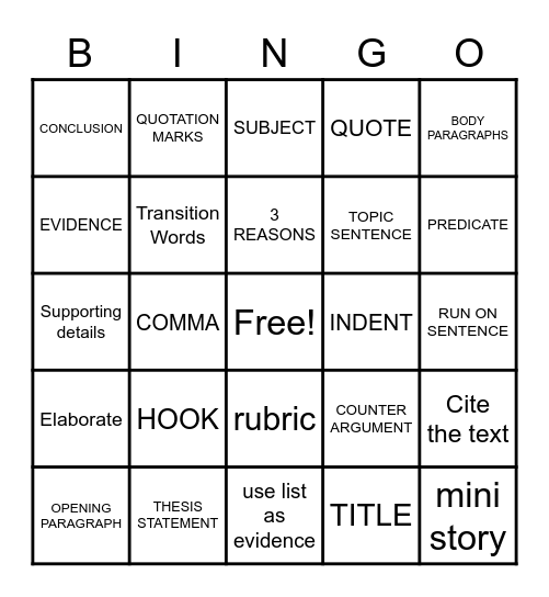 ESSAY BINGO Card