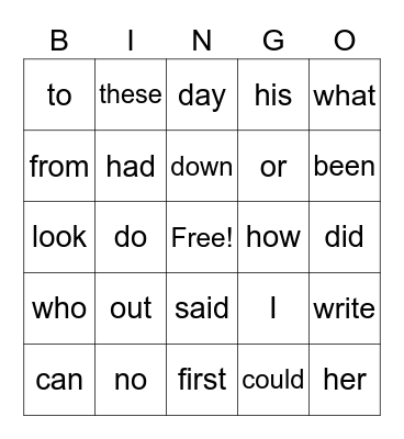 Sight Words Bingo Card