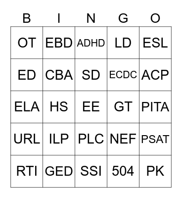 Educational Jargon / Acronyms Bingo Card