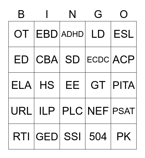 Educational Jargon / Acronyms Bingo Card