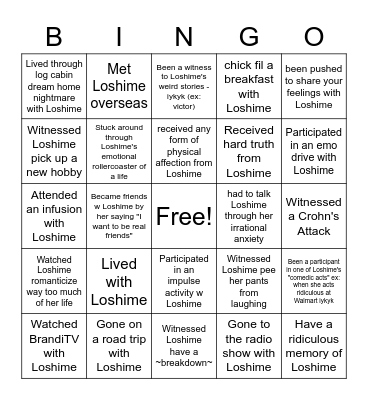 LoShime's Friendship Bingo Card