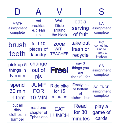 Davis' Daily Bingo Card