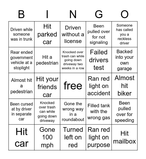 Bad driver 🚗 Bingo Card