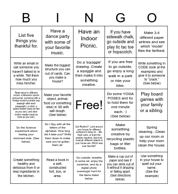 Screen Free Fun Bingo Card