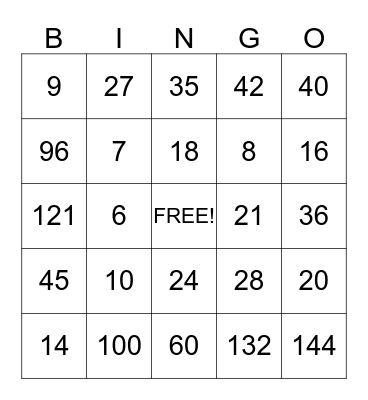 Multiplication Bingo Card