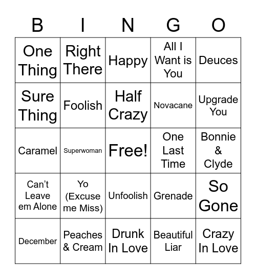Early 2000s R&B mashup Bingo Card