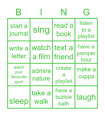 UONMHFA   Lock Down Self Care Bingo Card