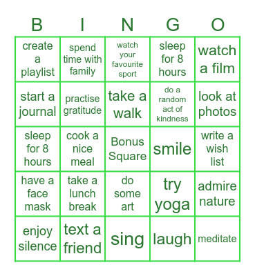 UONMHFA  Self Care Bingo Card