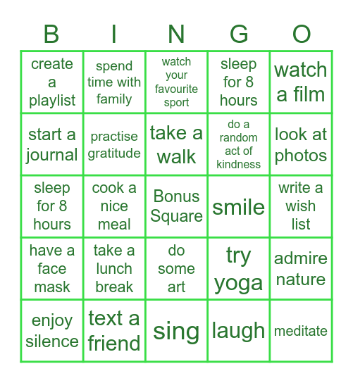 UONMHFA  Self Care Bingo Card