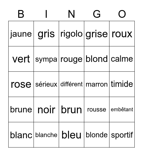 Bijvoegelijke Naamwoorden Bingo Card