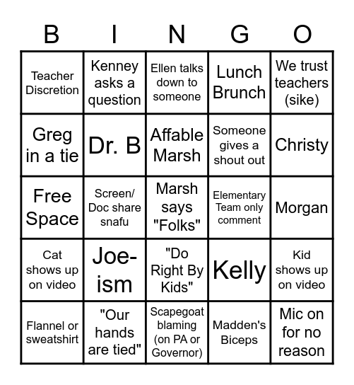 Staff Meeting Bingo Card