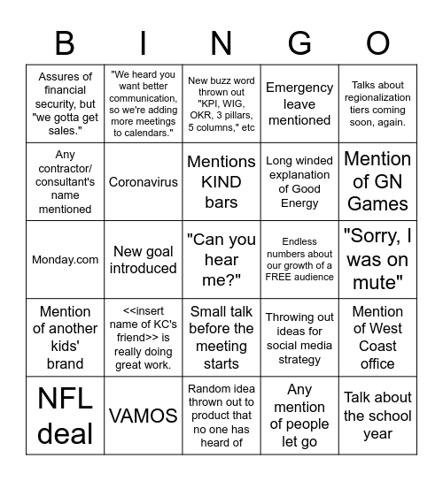 All Team BINGO Card