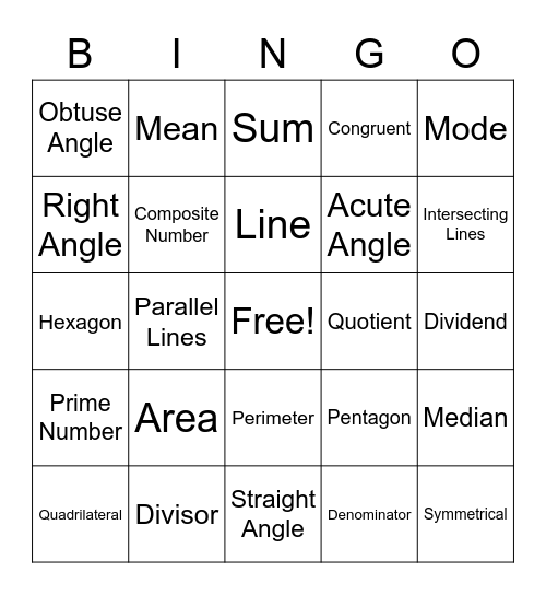 Math Terms Bingo Card