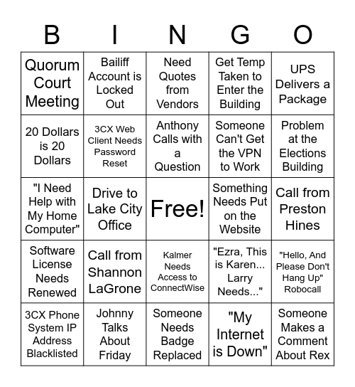 Computer Services Bingo Card