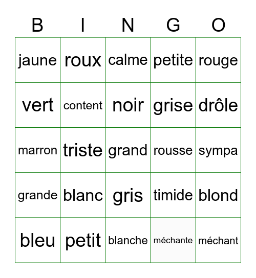 Bijvoegelijke Naamwoorden Bingo Card