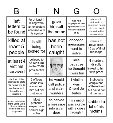 The zodiac killer Bingo Card