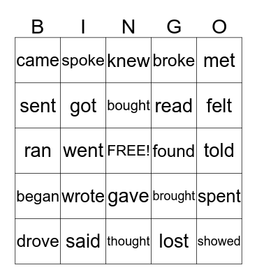Irregular Verbs Bingo Card