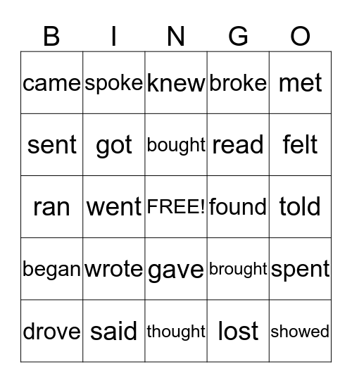 Irregular Verbs Bingo Card