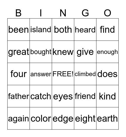 Sight Words Bingo Card