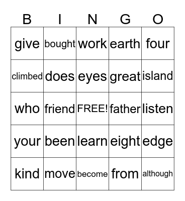 Sight Words Bingo Card