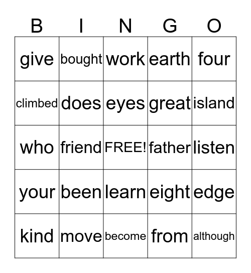 Sight Words Bingo Card