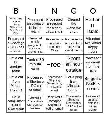 Credits & Returns Bingo Card