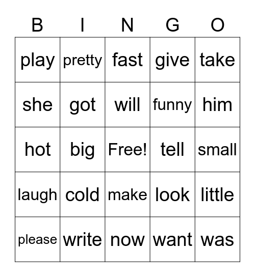 Sight Word Bingo Card