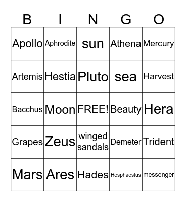 Mythology Bingo Card