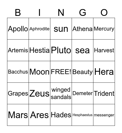 Mythology Bingo Card