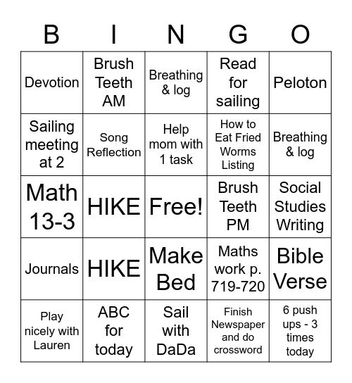 Thursday Bingo Card