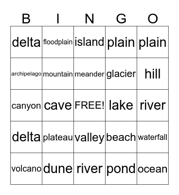 Landform Bingo Card