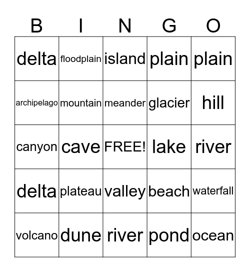 Landform Bingo Card