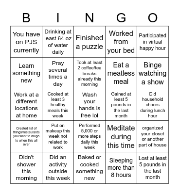 Remote Work Bingo Card