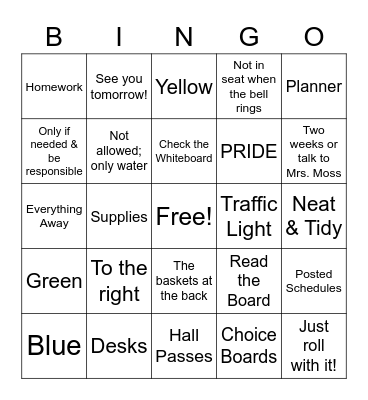 Mrs. Moss' Classroom Procedures Bingo Card