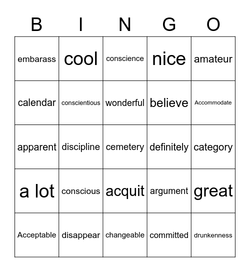 Commonly misspelled words Bingo Card
