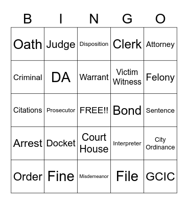 Recorder's Court Bingo Card