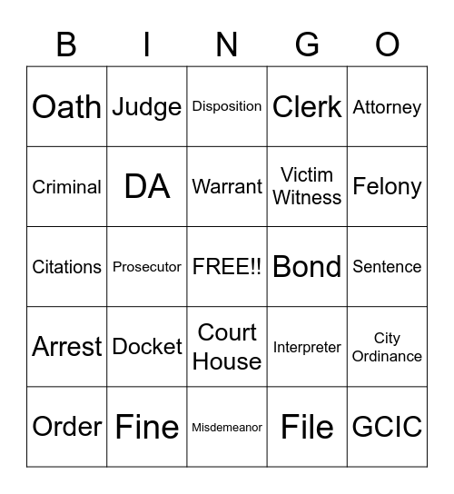 Recorder's Court Bingo Card