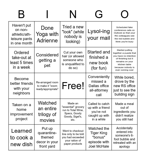 Social Distancing Bingo Card
