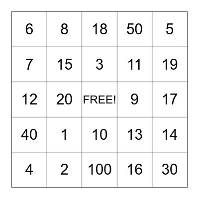 Number Bingo Card