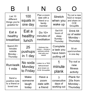 CCE: Promoting Wellness Bingo Card