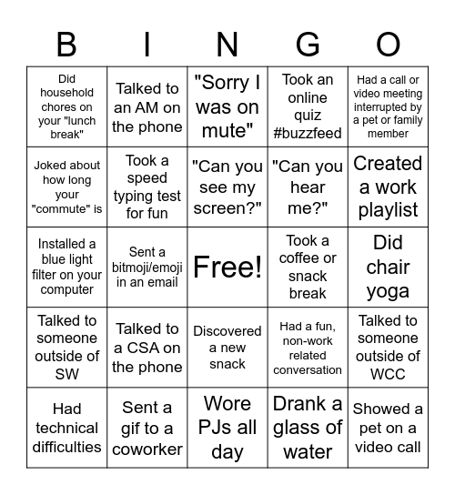 Southwest WFH Bingo Card