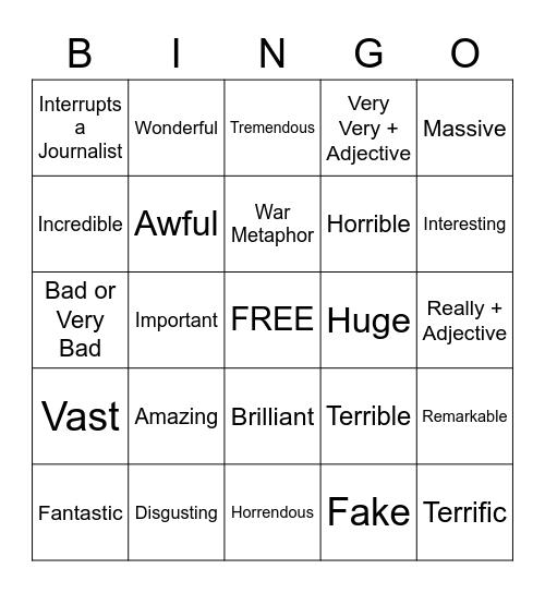 Trump's Adjectives Bingo Card