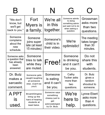 Faculty Meeting Bingo Card