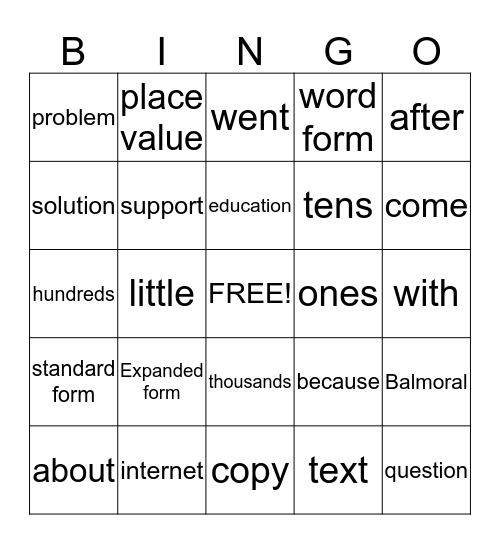 word wall Bingo Card