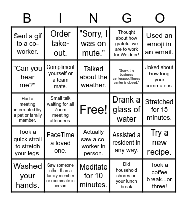 Camelback Team Bingo Card