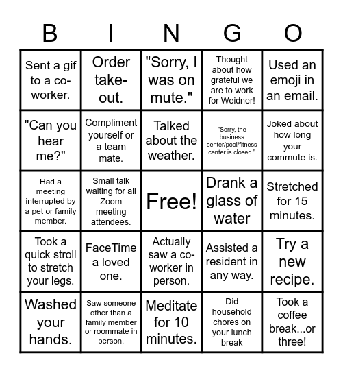 Camelback Team Bingo Card