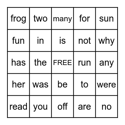 Sight Word Bingo Card