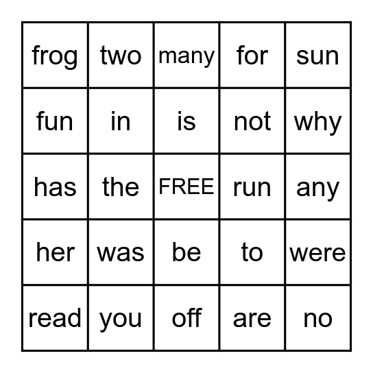 Sight Word Bingo Card