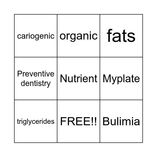 Nutrients Bingo Card