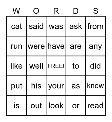 Sight Word Bingo Card